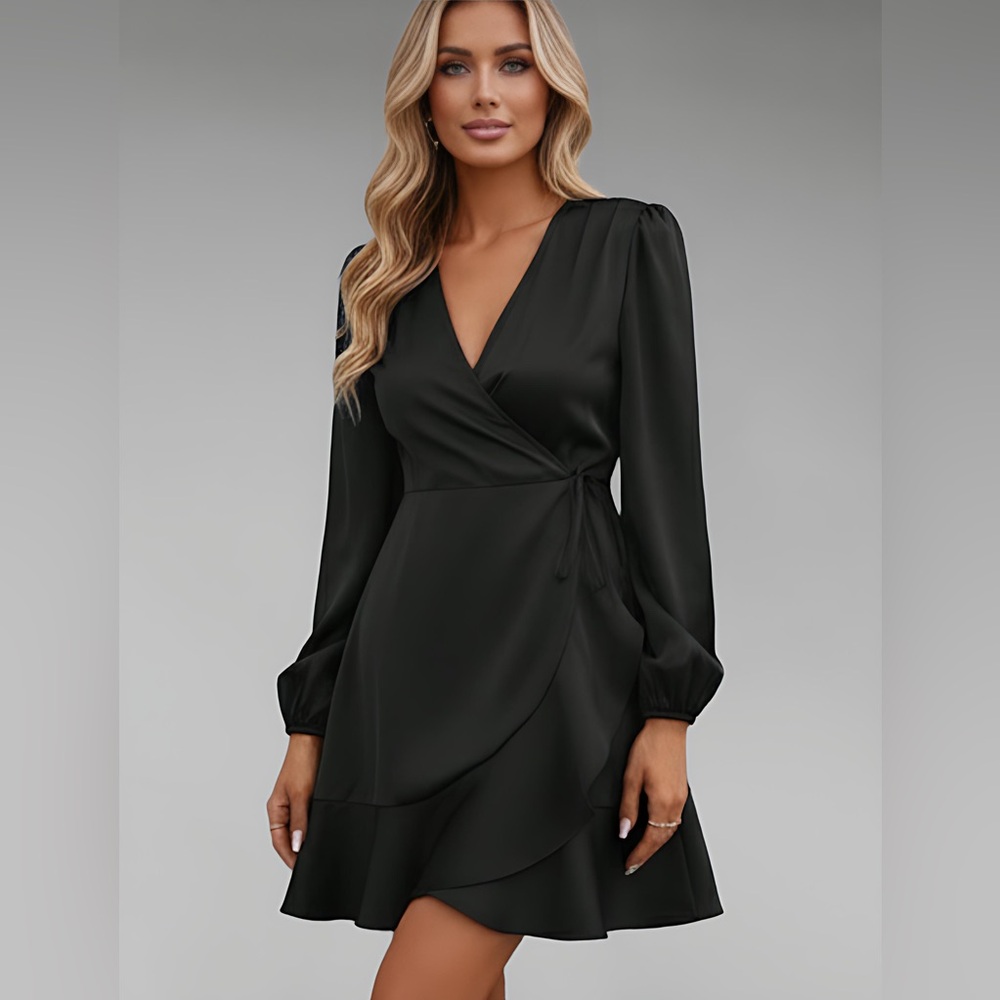 Black Satin Wrap Tie Lantern Sleeve Dress